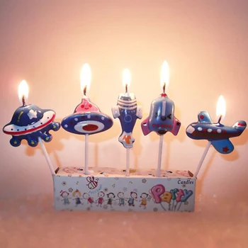 5 Adet / takım Uçak Mum Karikatür Uçak Uzay Aracı Roket Doğum Günü Pastası Mumlar Seti Kek Dekoratif Mum Çocuklar için Parti
