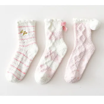 6 Pairs Kış Kız Peluş Karikatür Çorap Sevimli Pembe Kalınlaşmak Mercan Polar Yumuşak Sıcak Çorap Moda Kadın kaymaz Kat Çorap