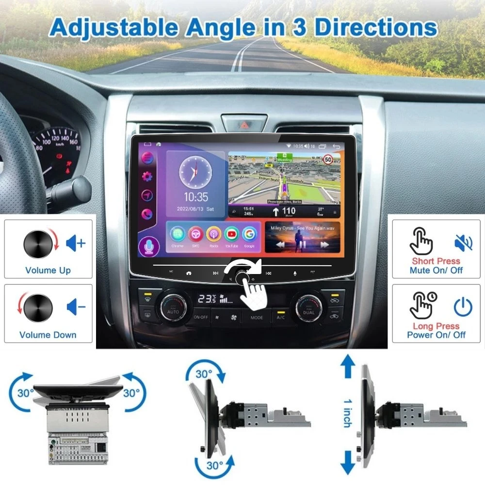 10 İnç Evrensel 1 Din Android Araba Radyo Multimedya Oynatıcı Ayarlanabilir Topuzu Dokunmatik Ekran Carplay GPS Navigasyon Stereo Kafa Ünitesi Görüntü  0