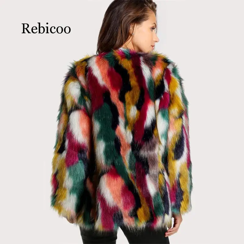 Kış renk kürk palto Kadınlar Zarif Kürk Palto Renkli Faux Kürk Ceket Marka fashionLong Kollu Yakasız Rahat Kadın Kürk ceket Görüntü  0