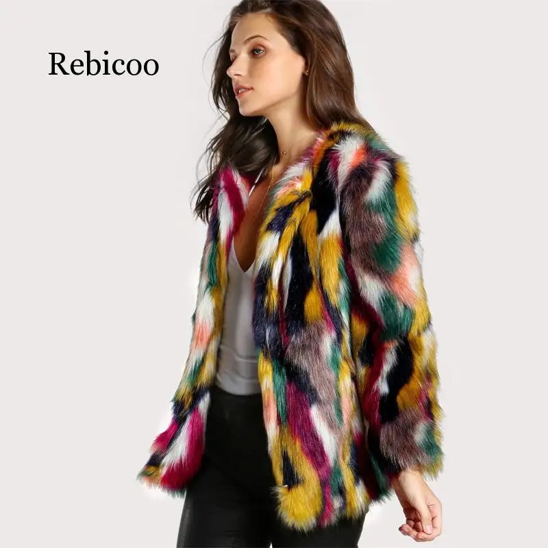 Kış renk kürk palto Kadınlar Zarif Kürk Palto Renkli Faux Kürk Ceket Marka fashionLong Kollu Yakasız Rahat Kadın Kürk ceket Görüntü  2