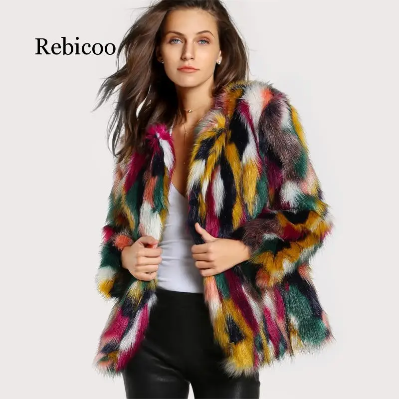 Kış renk kürk palto Kadınlar Zarif Kürk Palto Renkli Faux Kürk Ceket Marka fashionLong Kollu Yakasız Rahat Kadın Kürk ceket Görüntü  3