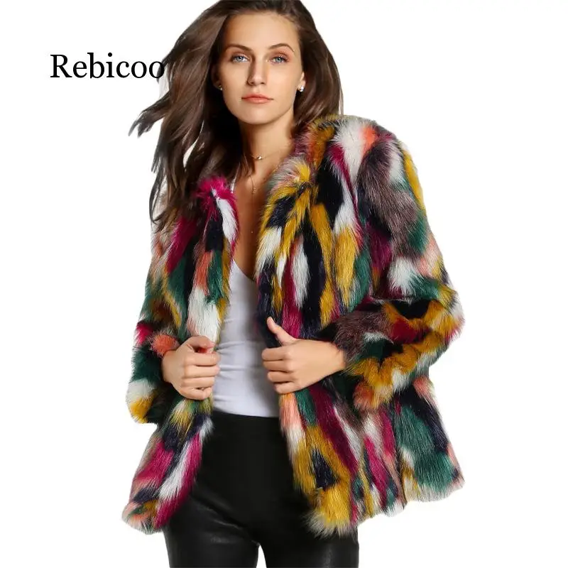 Kış renk kürk palto Kadınlar Zarif Kürk Palto Renkli Faux Kürk Ceket Marka fashionLong Kollu Yakasız Rahat Kadın Kürk ceket Görüntü  4