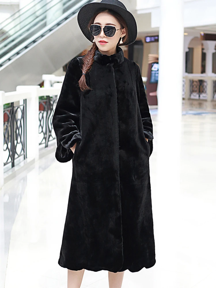 Nerazzurri Kış Uzun Yeşil Sıcak Kalın Kabarık Taklit Kürk Ceket Kadınlar Standı Yaka Siyah Pembe Bir Çizgi Şık Kore Moda 2022 Görüntü  1