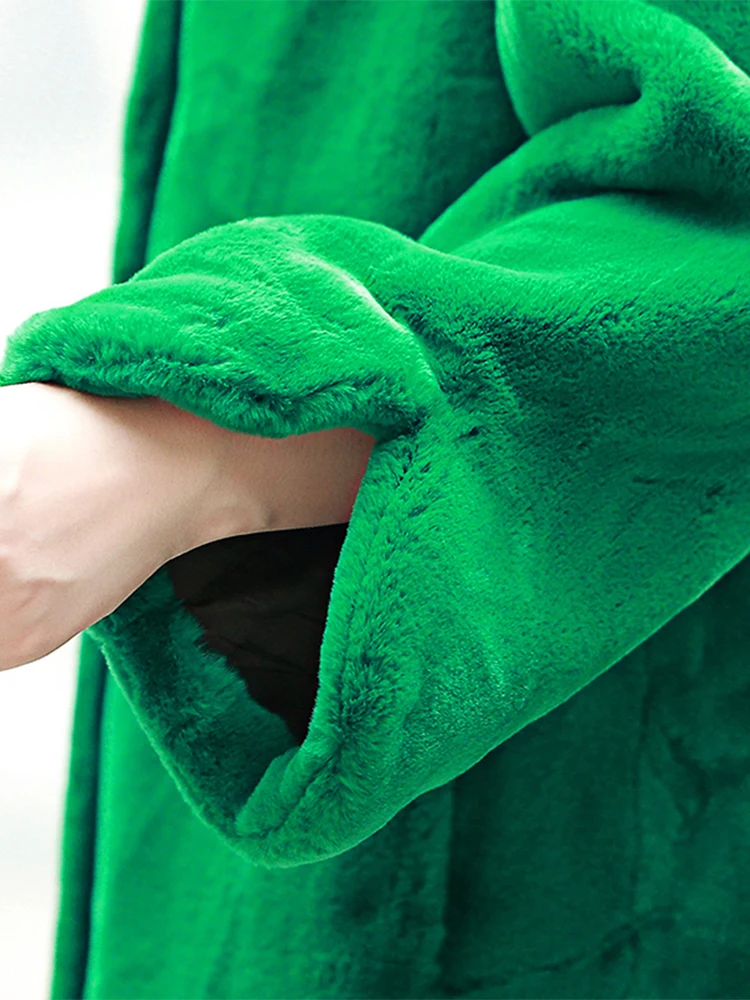 Nerazzurri Kış Uzun Yeşil Sıcak Kalın Kabarık Taklit Kürk Ceket Kadınlar Standı Yaka Siyah Pembe Bir Çizgi Şık Kore Moda 2022 Görüntü  2