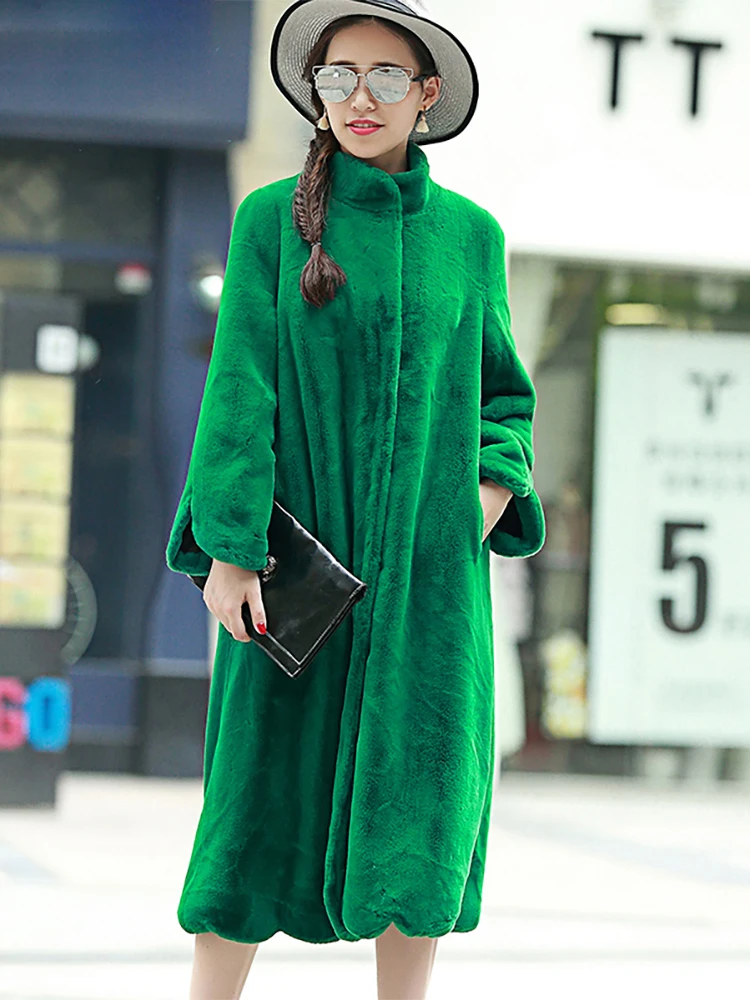 Nerazzurri Kış Uzun Yeşil Sıcak Kalın Kabarık Taklit Kürk Ceket Kadınlar Standı Yaka Siyah Pembe Bir Çizgi Şık Kore Moda 2022 Görüntü  4