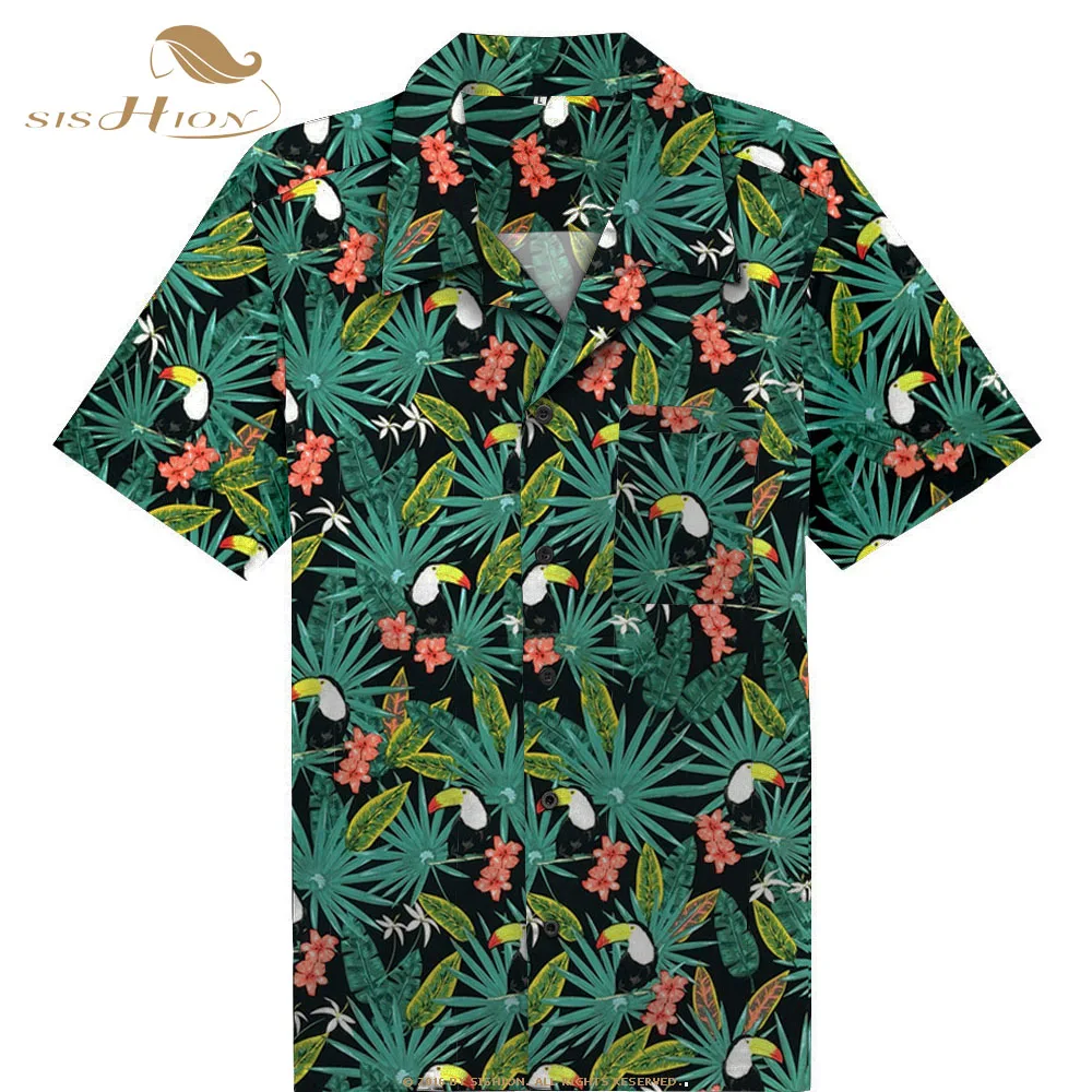 SISHION 2021 Yeni Toucan Çiçek Baskı Erkek Gömlek ST124 Kısa Kollu Palm Springs Kokteyl Düğme Gömlek camiseta hombre Görüntü  1