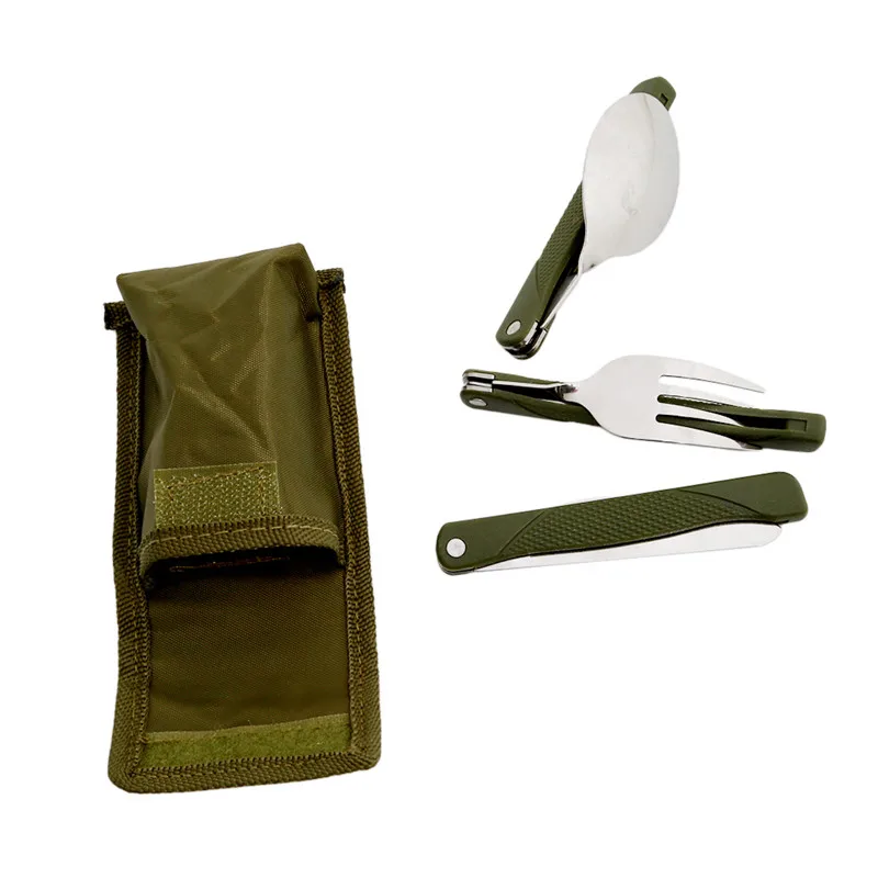 Paslanmaz Çelik Taşınabilir Katlanır çatal bıçak kaşık seti Çatal Bıçak Ordu Yeşil Kılıfı Survival Kamp Çantası Açık çatal bıçak kabı Görüntü  4