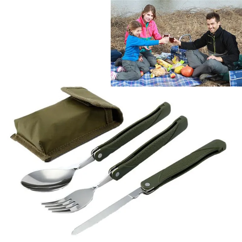 Paslanmaz Çelik Taşınabilir Katlanır çatal bıçak kaşık seti Çatal Bıçak Ordu Yeşil Kılıfı Survival Kamp Çantası Açık çatal bıçak kabı Görüntü  5