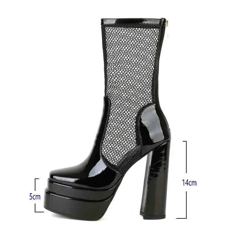 Siyah Beyaz Kadın yarım çizmeler Platformu Kalın Yüksek Topuk Bayanlar Yaz Çizmeler Patent PU Deri Kare Ayak kısa çizmeler Kadınlar için Görüntü  3