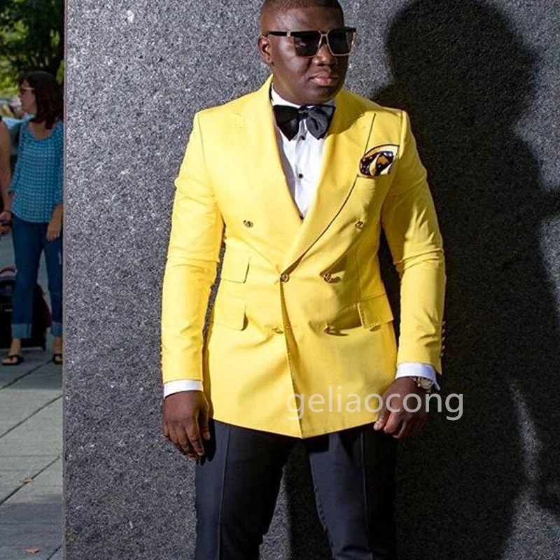 2021 Yeni 1 adet Sarı/Pembe/Mavi erkek blazer takım elbise ceket Slim Fit Kruvaze Tepe Yaka Blazer Ceket Düğün Damat Görüntü  2