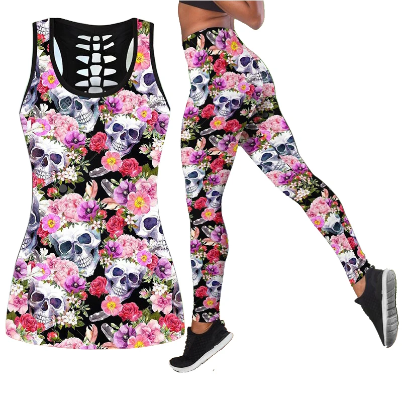 Bromance Kafatasları Baskı yoga kıyafeti Spor Combo Tankı Üstleri Yoga Tayt Tutmak Ince Artı Boyutu Yaz Moda Görüntü  5