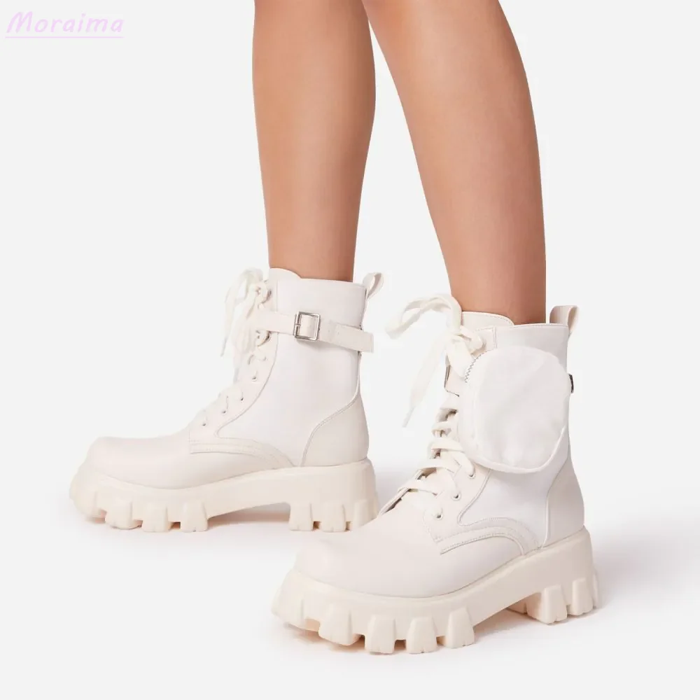 Moda Cep Kemer Toka Modern Çizmeler Ayak Bileği Lace Up Tıknaz Taban Yuvarlak Ayak Beyaz Katı Modern Kadın Ayakkabı Rahat Yeni Gelenler Görüntü  1