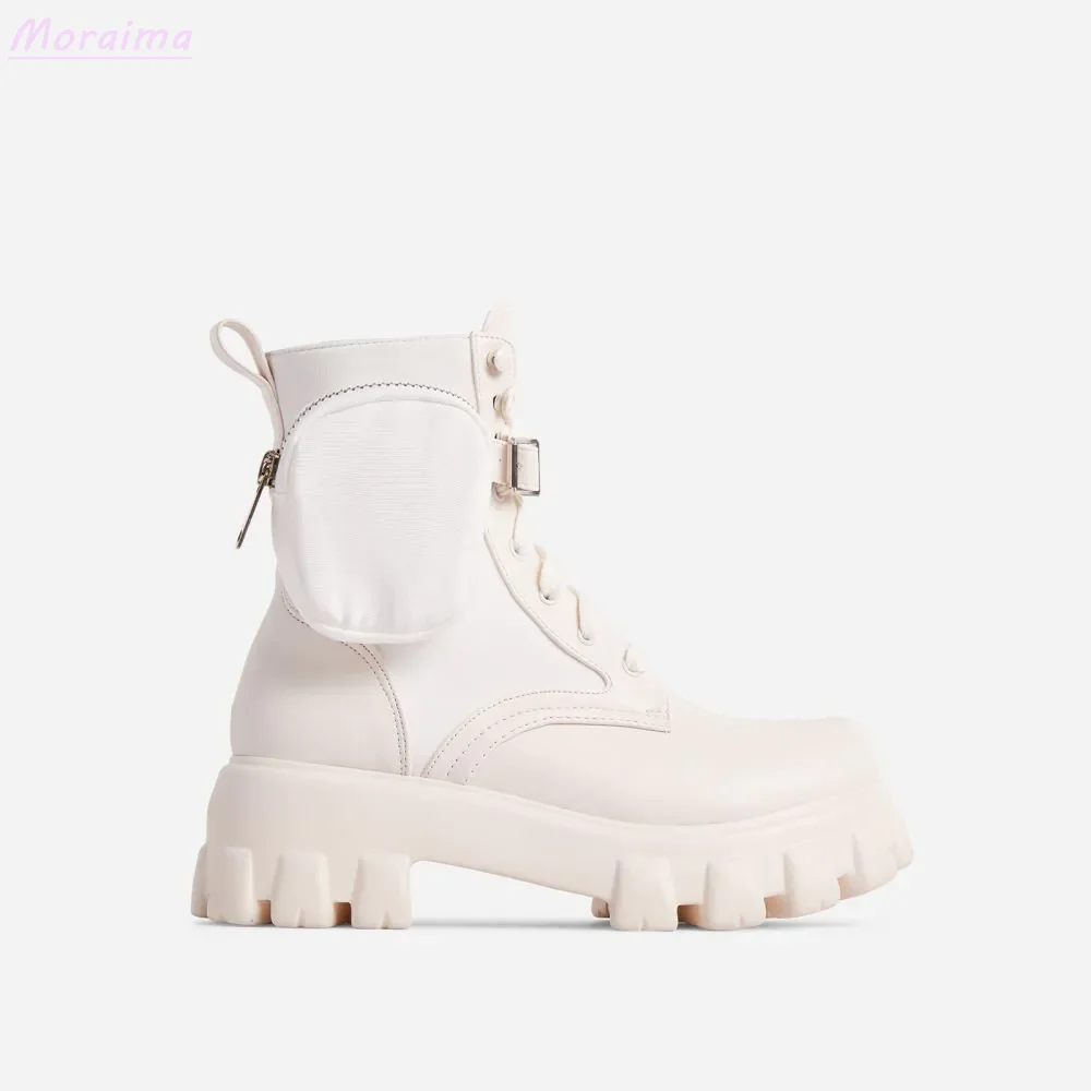 Moda Cep Kemer Toka Modern Çizmeler Ayak Bileği Lace Up Tıknaz Taban Yuvarlak Ayak Beyaz Katı Modern Kadın Ayakkabı Rahat Yeni Gelenler Görüntü  5