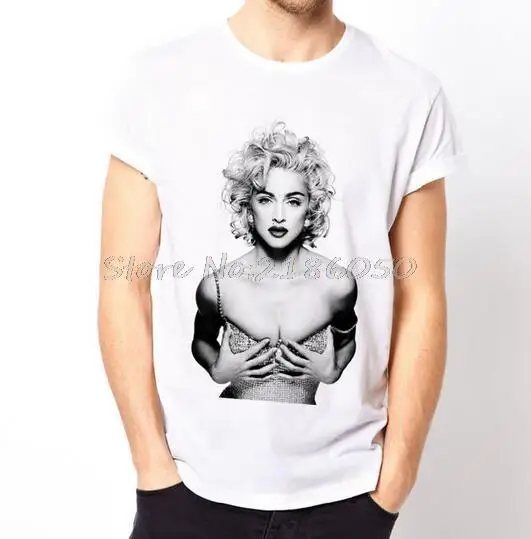 Madonna el moda benzersiz klasik pamuk erkekler yuvarlak yaka kısa kollu tişört Görüntü  0