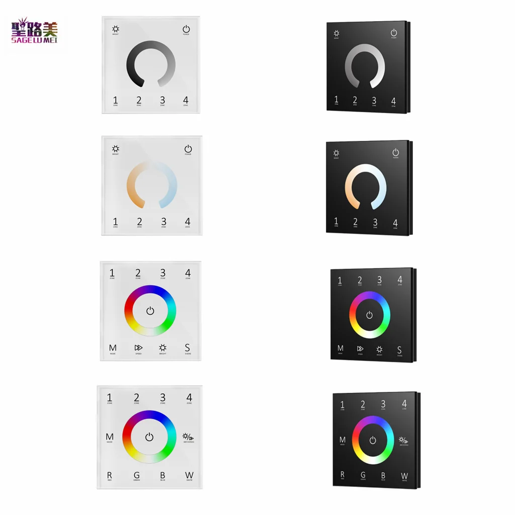 100-240VAC Giriş 4 Bölge Dokunmatik Panel DMX Ana Karartma / Renk Sıcaklığı / RGB / RGBW Denetleyici T11 / T12 / T13 / T14 Beyaz ve Siyah cam Görüntü  1