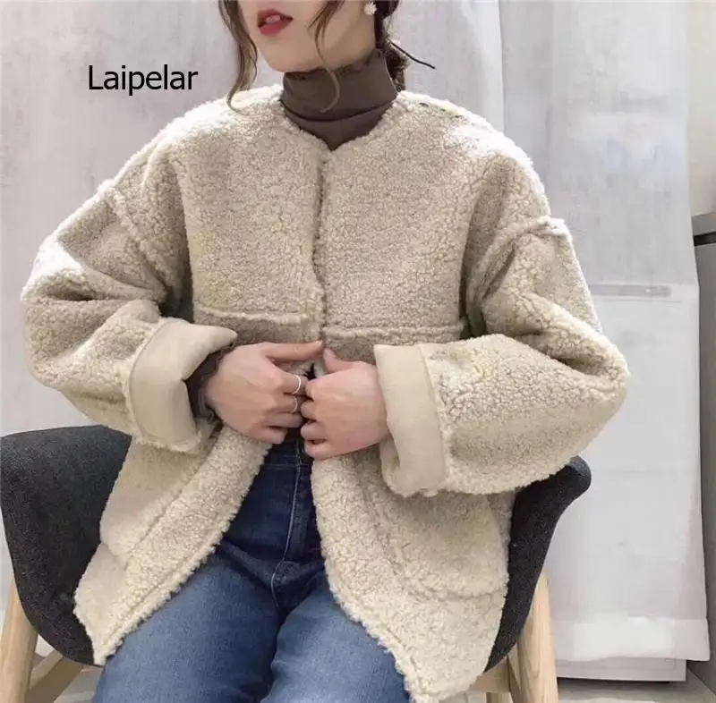 Kadın peluş kış ceket Kore tarzı rahat gevşek ceket cepler ile uzun kollu giyim yuvarlak yaka zarif peluş Görüntü  0