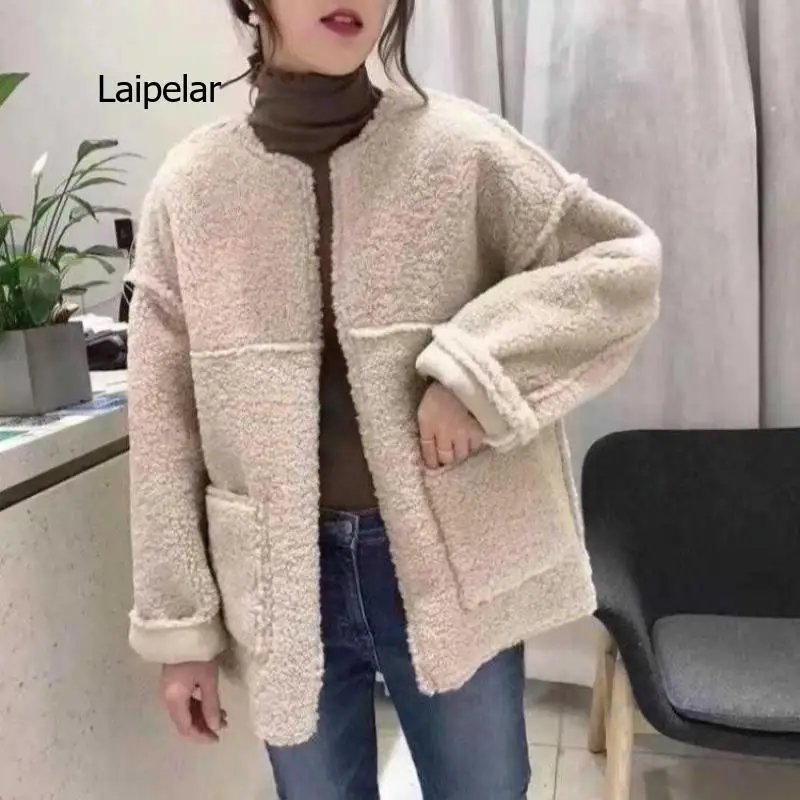 Kadın peluş kış ceket Kore tarzı rahat gevşek ceket cepler ile uzun kollu giyim yuvarlak yaka zarif peluş Görüntü  2