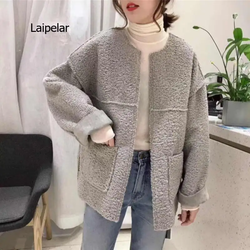 Kadın peluş kış ceket Kore tarzı rahat gevşek ceket cepler ile uzun kollu giyim yuvarlak yaka zarif peluş Görüntü  5