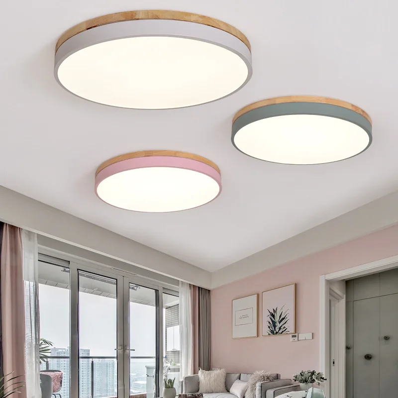 Modern yuvarlak yatak odası LED tavan ışıkları renkli Metal uzaktan kumanda karartma yemek odası fuaye asılı lamba ahşap halka Görüntü  0
