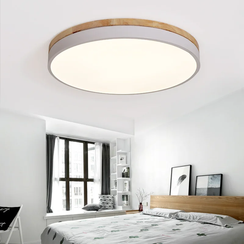 Modern yuvarlak yatak odası LED tavan ışıkları renkli Metal uzaktan kumanda karartma yemek odası fuaye asılı lamba ahşap halka Görüntü  2
