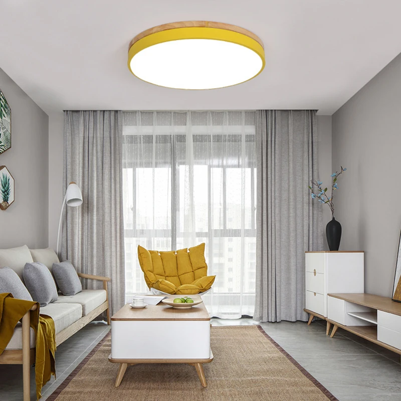 Modern yuvarlak yatak odası LED tavan ışıkları renkli Metal uzaktan kumanda karartma yemek odası fuaye asılı lamba ahşap halka Görüntü  4