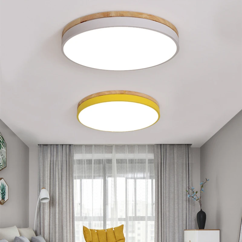 Modern yuvarlak yatak odası LED tavan ışıkları renkli Metal uzaktan kumanda karartma yemek odası fuaye asılı lamba ahşap halka Görüntü  5