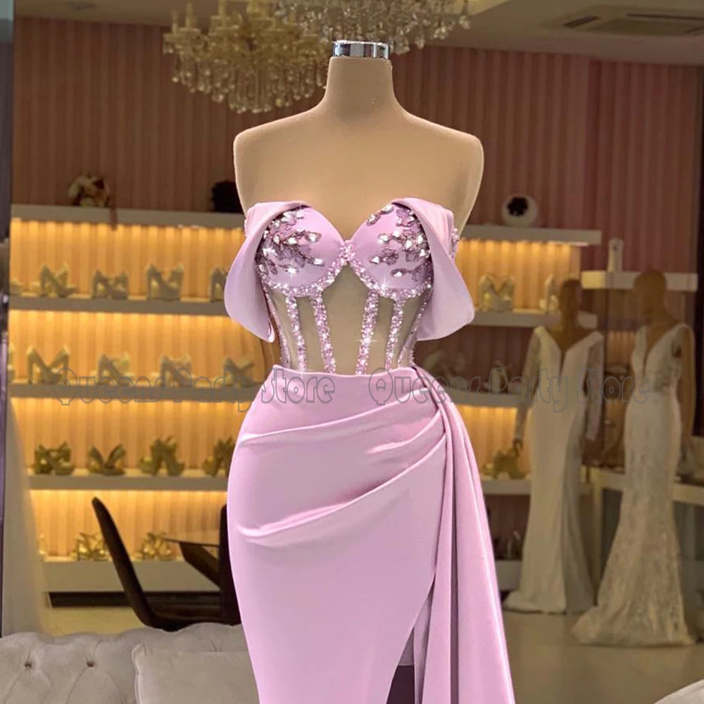 Pembe Akşam Elbise Sevgiliye Kapalı Omuz Turba Illusion Mermaid Parti Elbiseler Kadınlar için Yüksek Yarık Boncuk Pageant Balo elbisesi Görüntü  1