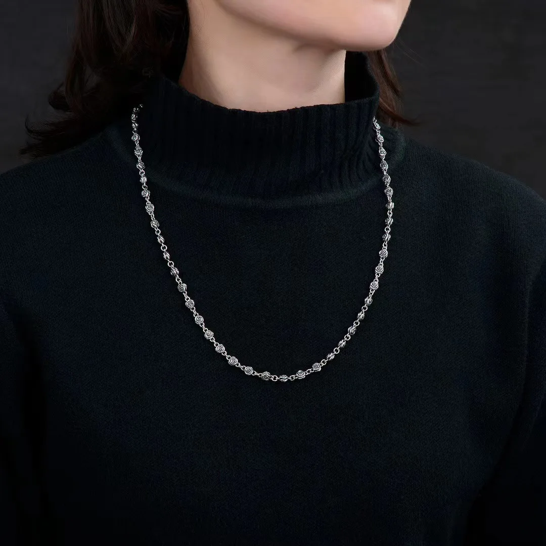 BOCAI Moda S925 Ayar Gümüş Kolye 2022 Moda Çift Taraflı Güller O-zincir Saf Argentum Boyun Takı Kadınlar Erkekler için Görüntü  1