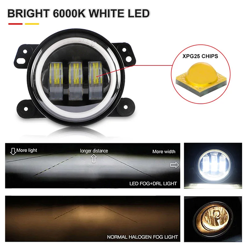 4 inç LED Sis jip için lamba Wrangler Cherokee / Dodge / Chrysler Melek Gözler Koşu İşık Beyaz Sarı PTF Projektör Sürüş Lambası Görüntü  2