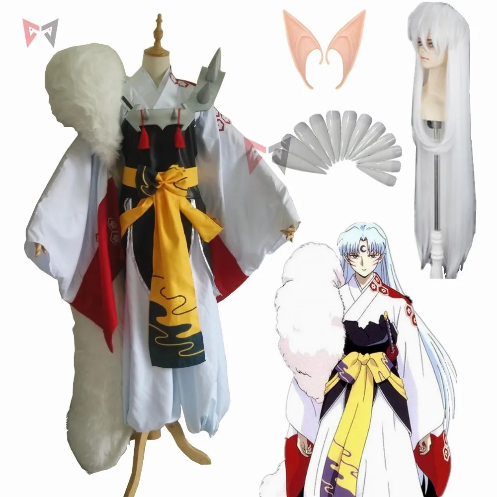 Yeni Anime Inuyasha Sesshoumaru Cosplay Kostüm Karnaval Cadılar Bayramı Arthur Köri Fantezi Kimono Çizmeler Peruk Büyük Kuyruk Custom Made Görüntü  4