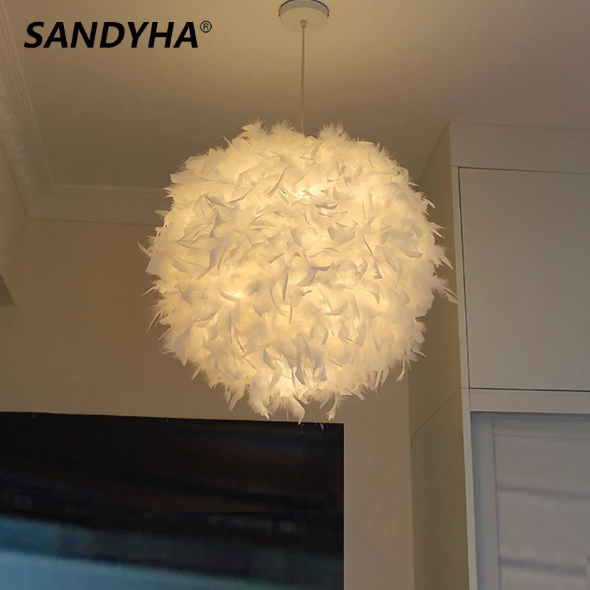 SANDYHA LED beyaz yuvarlak tüy topu avize yatak odası oturma odası dekoratif tavan lambası pembe kırmızı sıcak kolye asılı ışık Görüntü  3