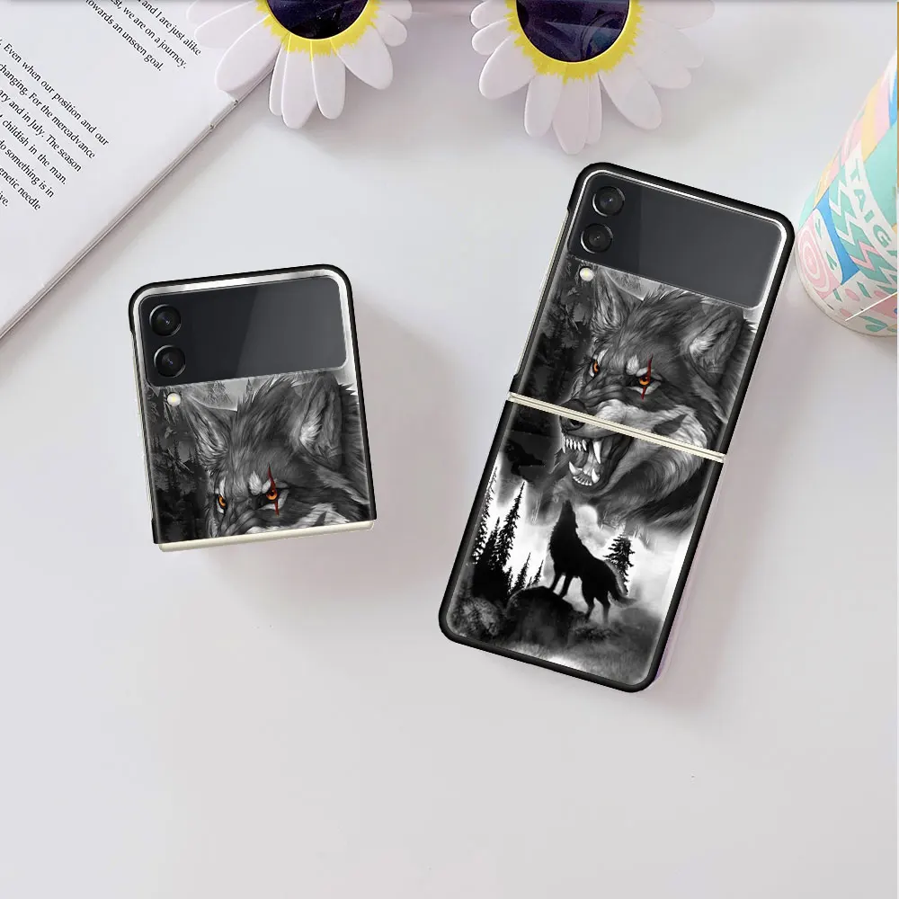 Samsung kılıfı Galaxy Z Flip 3 4 5G Siyah Sert PC telefon kılıfı Konut Z flip4 Parçalı Kapak Kurt Köpek Kedi Kuş Aslan Kaplan Hayvan Görüntü  1