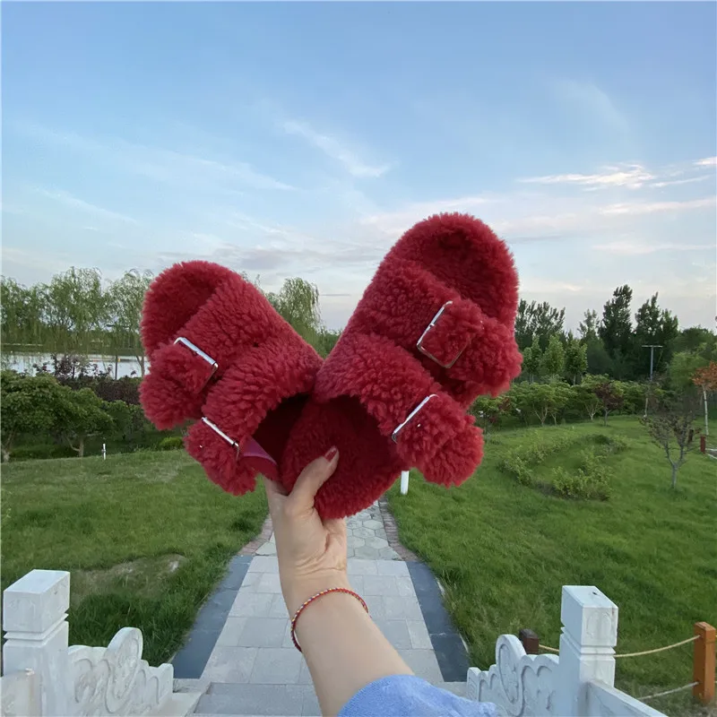 2022 Yeni Kürk Terlik Bayanlar Kabarık Peluş Slaytlar Sonbahar Ve Kış ev terliği Flip Flop Kadın Ayakkabı Yün Görüntü  2