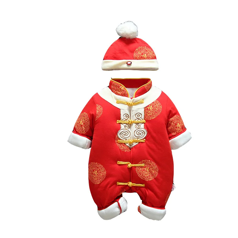 Kış doğum günü hediyesi Boys için Yenidoğan Bebek Tang Takım Elbise Çin Geleneksel Yeni Yıl Kalınlaşmak Romper Bebekler Kırmızı Nakış Kostüm Görüntü  0