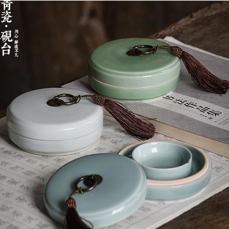 Çoklu Renk Porselen Fırça Mürekkep kapaklı kutu Huo Guo Inkstone Kaligrafi Boyama Sumi-e Aracı Görüntü  5