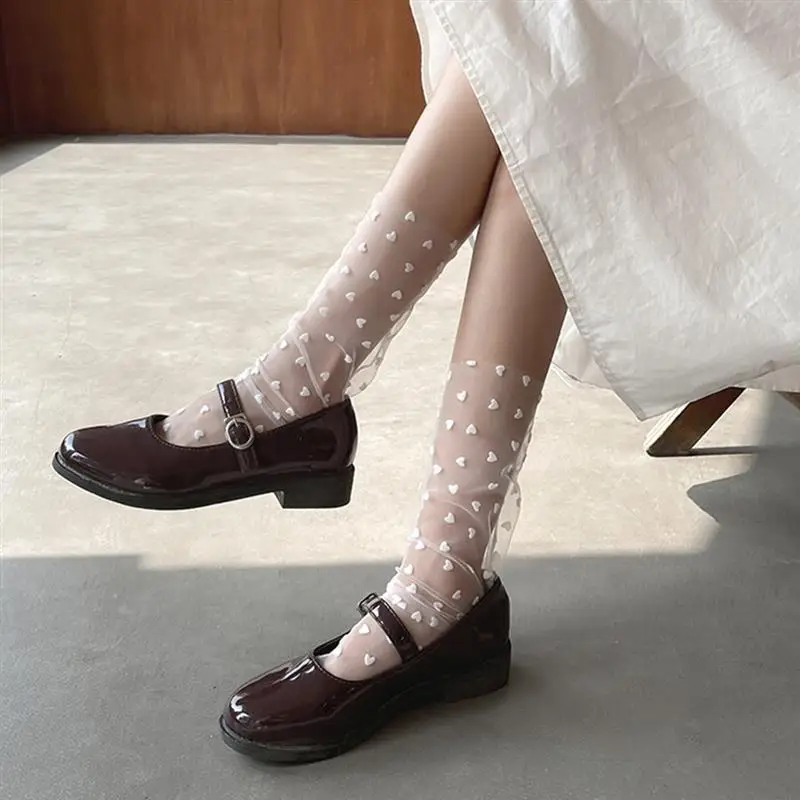5 Pairs 10 Adet Yenilik Yaz Serin Tül Çorap Kadın Nefes Şeffaf Ultra-İnce Kalp Çorap Kadın Örgü Küçük Polka Çorap Görüntü  2