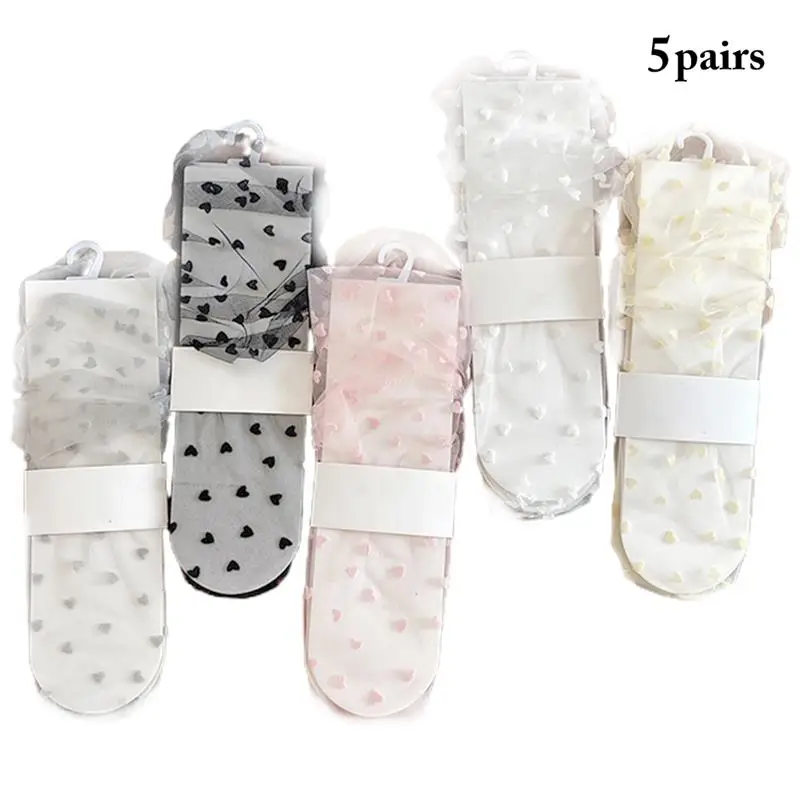 5 Pairs 10 Adet Yenilik Yaz Serin Tül Çorap Kadın Nefes Şeffaf Ultra-İnce Kalp Çorap Kadın Örgü Küçük Polka Çorap Görüntü  3