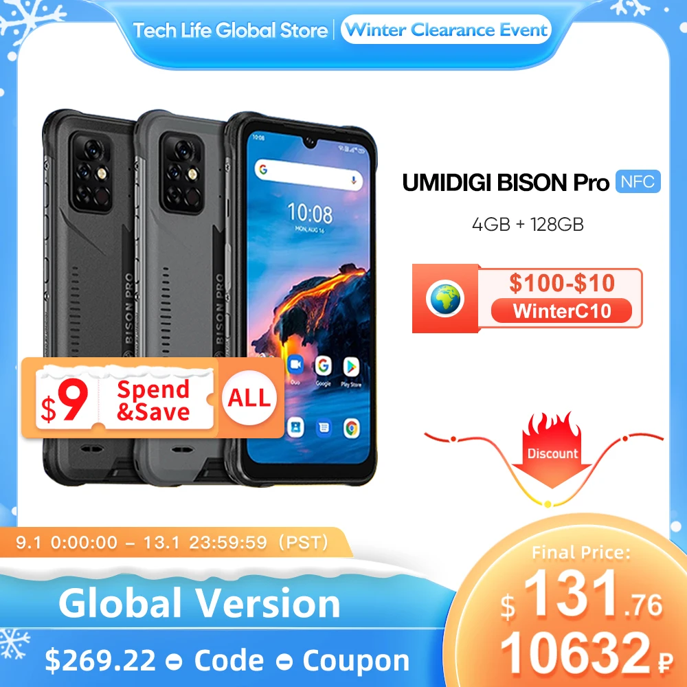 UMIDIGI BISON Pro Küresel Sürüm Smartphone Sağlam Telefon 128GB IP68 / IP69K Helio G80 NFC 48MP Kamera 6.3 