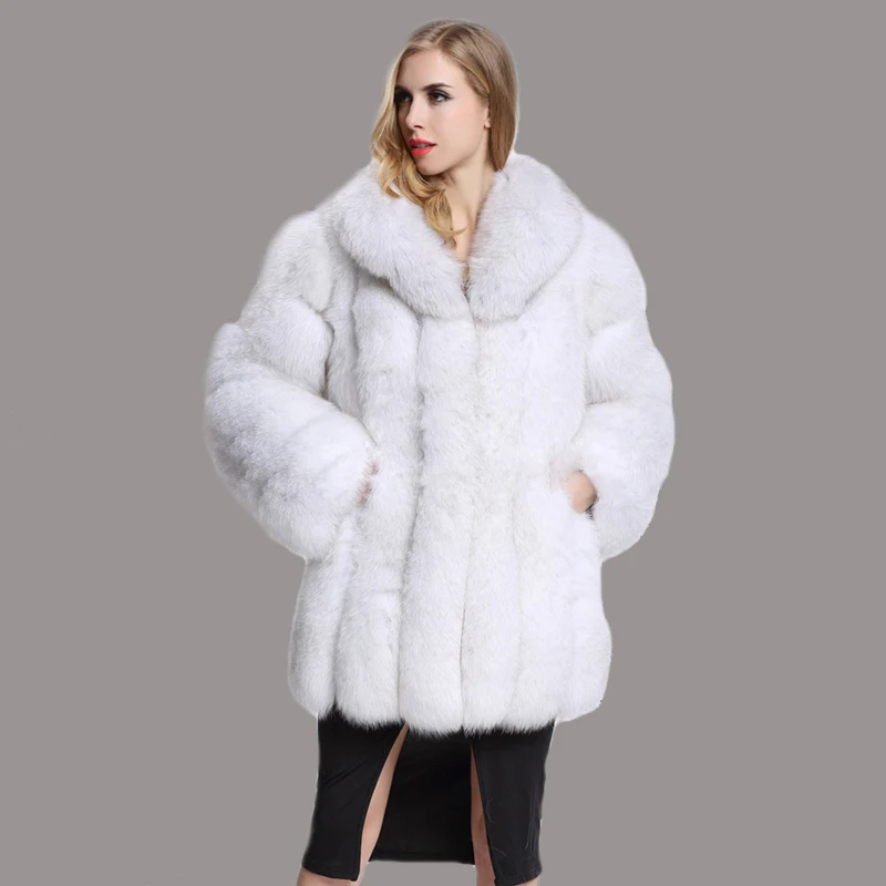 HJQJLJLS 2021 Kış Kadın Uzun Moda Zarif Faux Fox Kürk Ceket Kadın Uzun Kollu Turn Down Yaka Sıcak Kabarık Kürk Ceket Görüntü  2