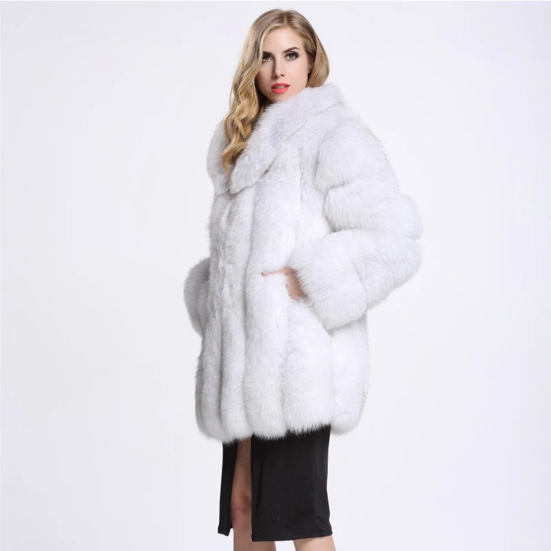HJQJLJLS 2021 Kış Kadın Uzun Moda Zarif Faux Fox Kürk Ceket Kadın Uzun Kollu Turn Down Yaka Sıcak Kabarık Kürk Ceket Görüntü  3