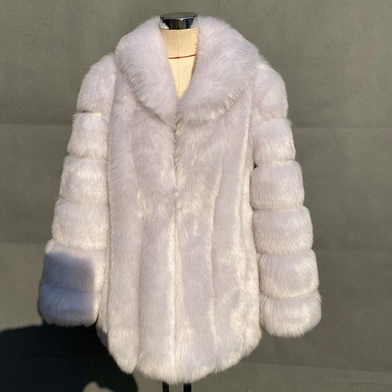 HJQJLJLS 2021 Kış Kadın Uzun Moda Zarif Faux Fox Kürk Ceket Kadın Uzun Kollu Turn Down Yaka Sıcak Kabarık Kürk Ceket Görüntü  5