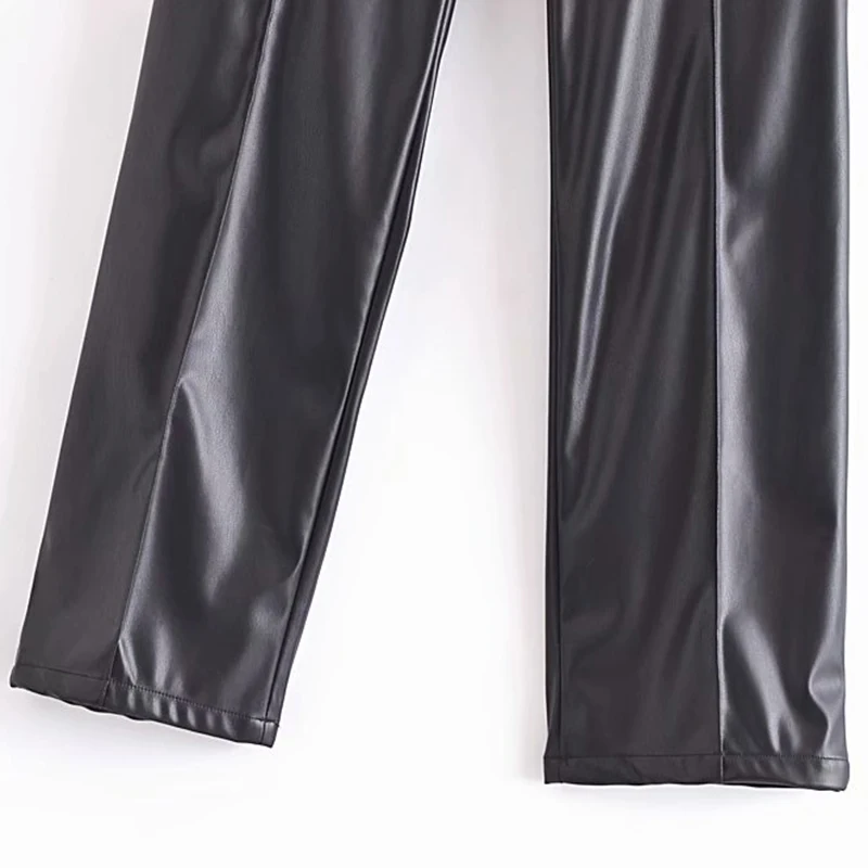 Wixra Kadın PU Düz Pantolon Sonbahar Faux Deri Katı Yükseklik Bel Fermuar Pantalones Mujer Cep Yüksek Sokak Pantolon Görüntü  1