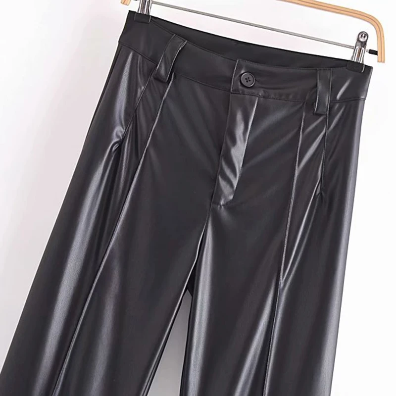 Wixra Kadın PU Düz Pantolon Sonbahar Faux Deri Katı Yükseklik Bel Fermuar Pantalones Mujer Cep Yüksek Sokak Pantolon Görüntü  2