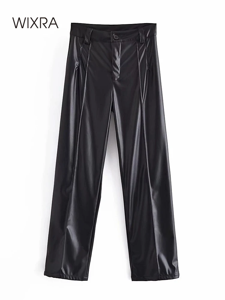 Wixra Kadın PU Düz Pantolon Sonbahar Faux Deri Katı Yükseklik Bel Fermuar Pantalones Mujer Cep Yüksek Sokak Pantolon Görüntü  3