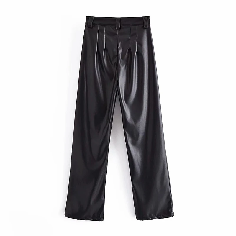 Wixra Kadın PU Düz Pantolon Sonbahar Faux Deri Katı Yükseklik Bel Fermuar Pantalones Mujer Cep Yüksek Sokak Pantolon Görüntü  5