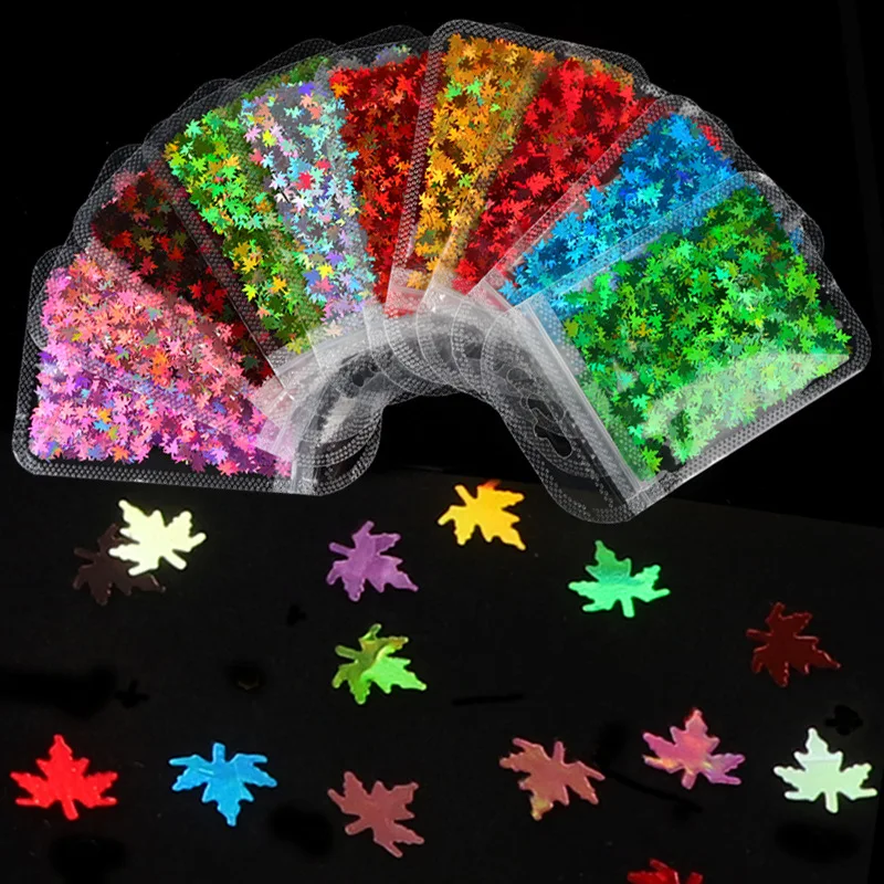 Akçaağaç Yaprağı Tırnak Glitter Gevreği Shining Pullu Nail Art Madeni Pul Manikür 3D DIY Nail Art Süslemeleri Tırnak Pul Seti Görüntü  4