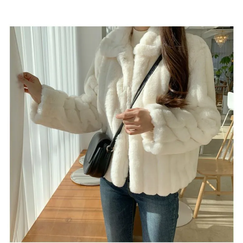 2022 Kış Kadın Tavşan Kürk Ceket Beyaz Rahat Sıcak Kabarık Taklit Kürk Ceket Uzun Kollu Büyük Boy Yapay Kürk Palto Kadın Görüntü  1