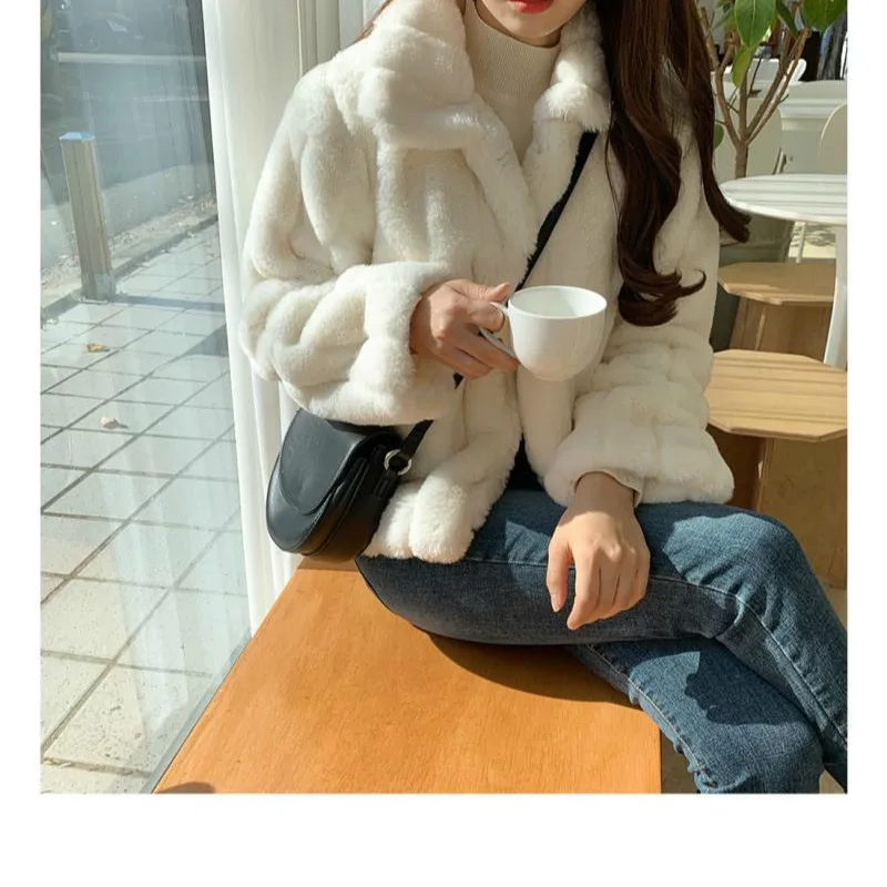 2022 Kış Kadın Tavşan Kürk Ceket Beyaz Rahat Sıcak Kabarık Taklit Kürk Ceket Uzun Kollu Büyük Boy Yapay Kürk Palto Kadın Görüntü  3