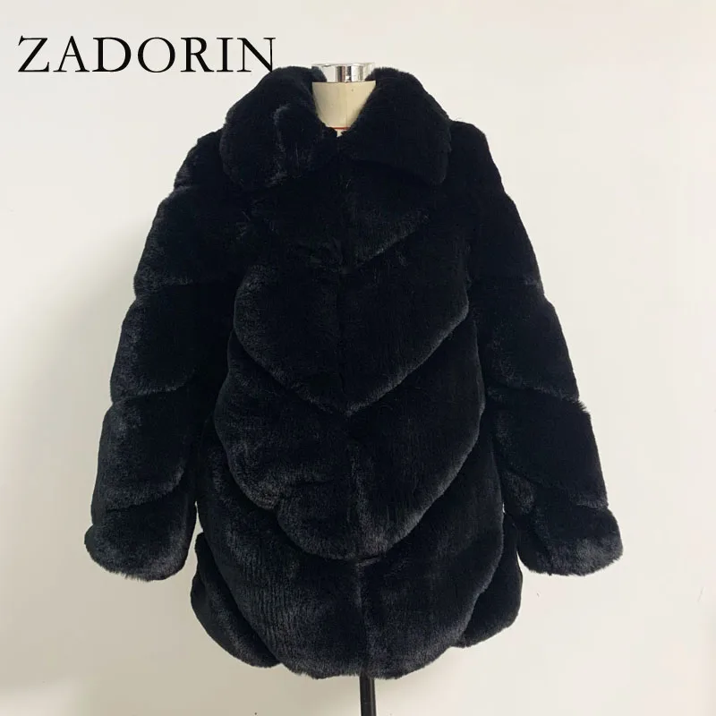 ZADORIN Kış Moda Uzun Yumuşak Faux Tavşan Kürk Ceket Kadınlar Turn Down Yaka Kabarık Sıcak Sahte Kürk Palto ve Ceketler Kadın Ceket Görüntü  3
